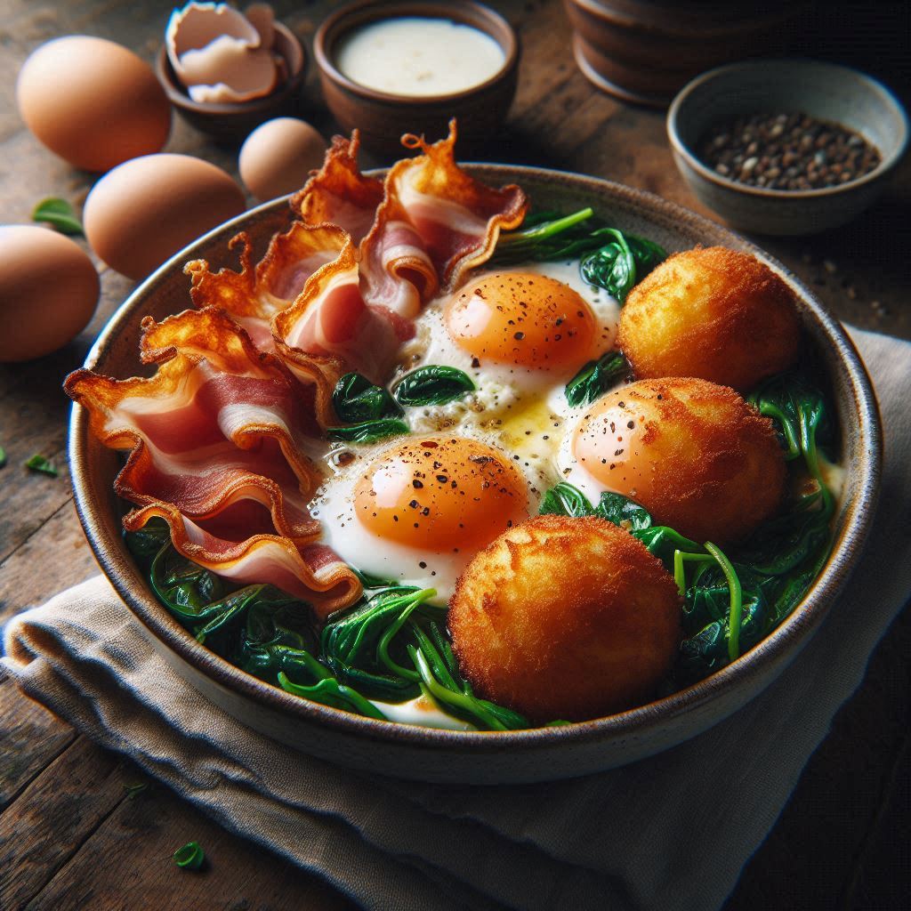 Creamy Baked Eggs with Bacon & Spinach